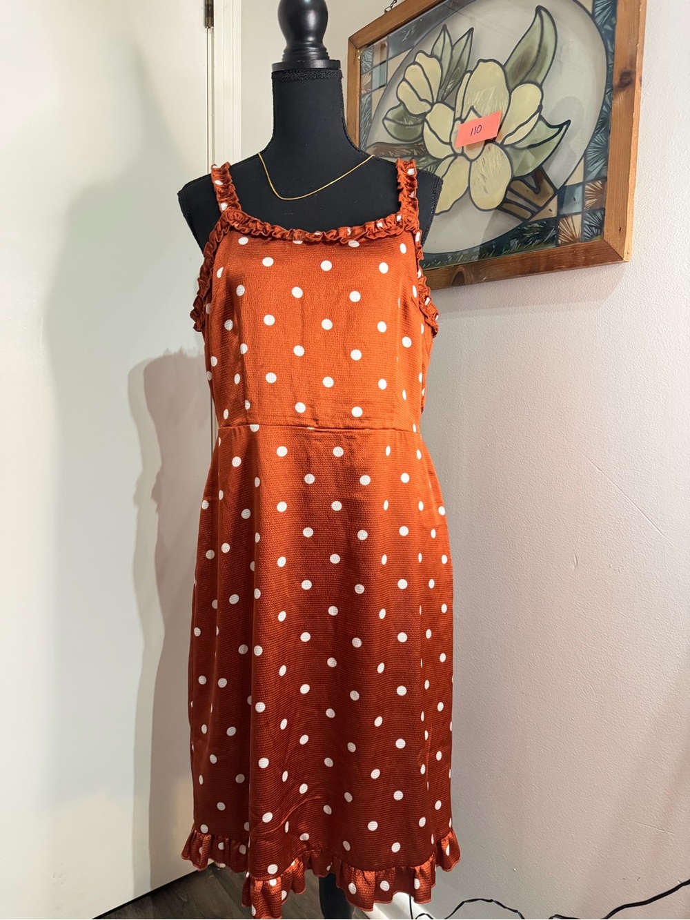 Polka Dot Ruffle Midi Dress in Rust